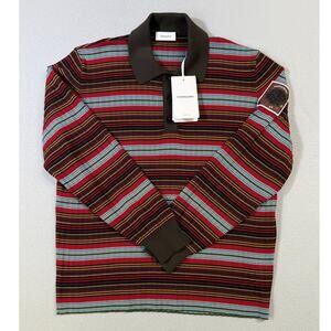 Ferragamo Long Sleeve Striped Knit sweater Polo Shirt Brown/multi, Large $1490